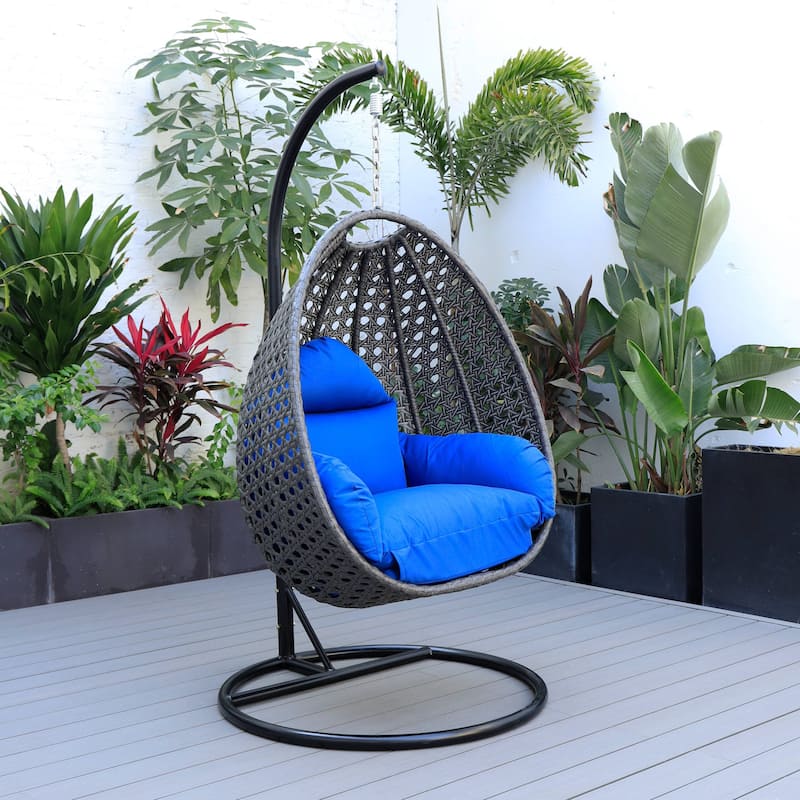 LeisureMod Charcoal Single Seater Rattan Wicker Egg Swing Hanging Chair for Indoor Outdoor Patio Porch Backyard Garden