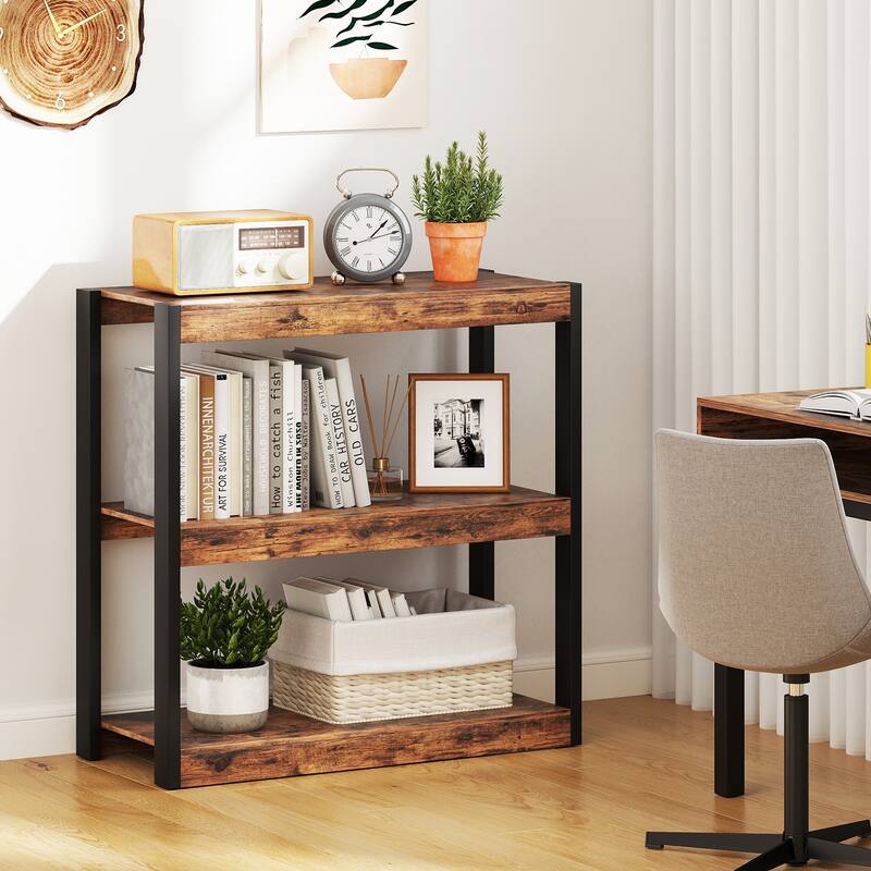 Gymax 3 Tier Bookshelf Wooden Bookcase w/ Dual Anti-Tipping Kits Open