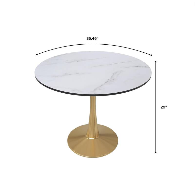 LeisureMod Bristol 35" Round Dining Table for 4 with MDF Tabletop in Gold Steel Base for Kitchen & Dining Room