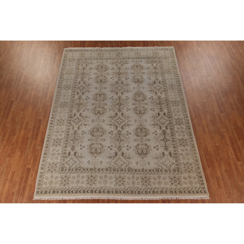 Geometric Oushak Area Rug Hand-Knotted Oriental Wool Carpet - 9'0"x 11'9"