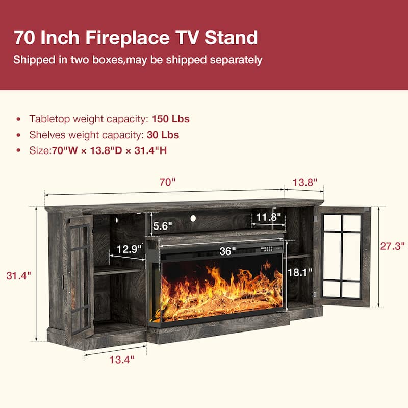 36 Inch 3-Sided Glass Fireplace TV Stand for TVs up to 80"