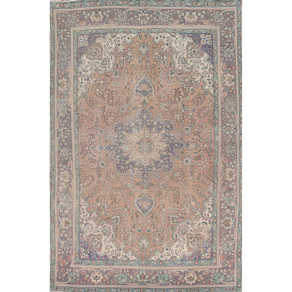 Floral Coral Tabriz Persian Vintage Area Rug Hand-Knotted Wool Carpet - 6'4"x 9'9"