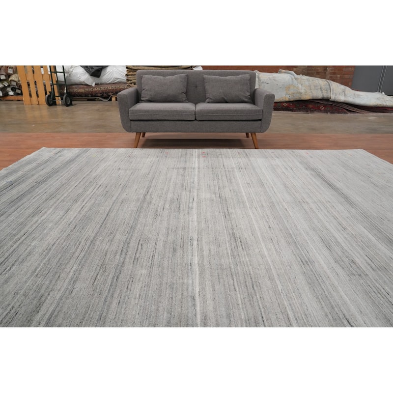 Hand Knotted Oriental Viscose Silk Carpet Tribal Animal Pictorial Greys & Charcoal Gabbeh Area Rug - 11' 10'' X 9' 11''