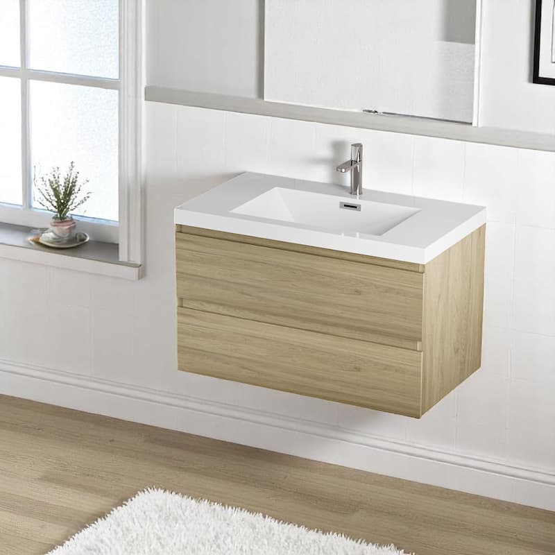 36 Inch Wall Mounted Bathroom Vanity with Resin Top Sink, Floating Storage Cabinet, Soft-Close Drawers