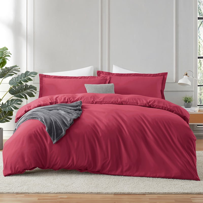 Emperyan Duvet Cover With Fitted Sheet Soft Double Brushed Bedding Set - Burgundy - Queen