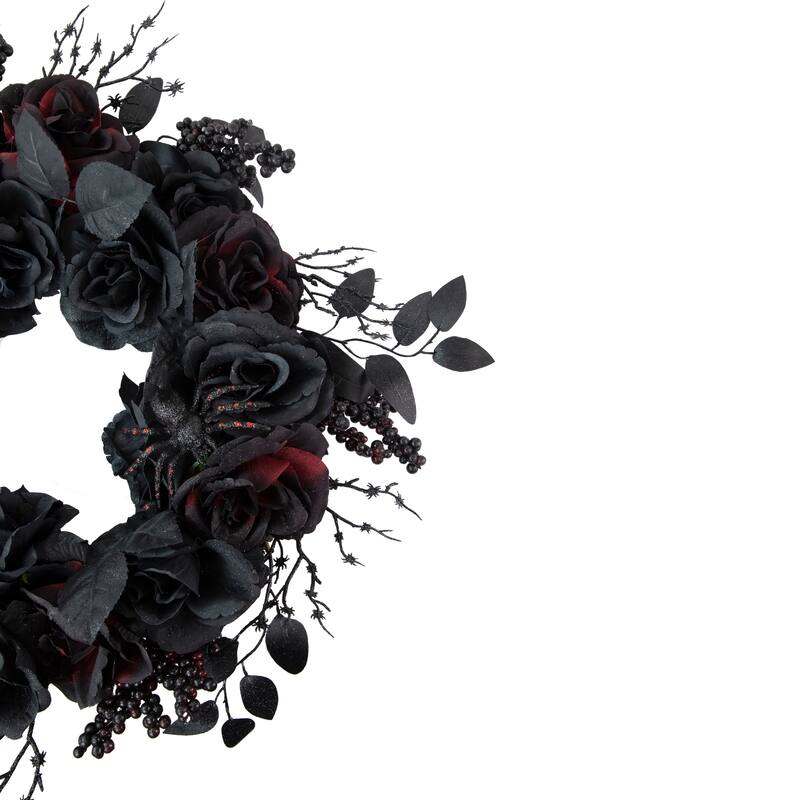 Roses and Foliage Halloween Spider Wreath - 24" - Burgundy and Black - Unlit