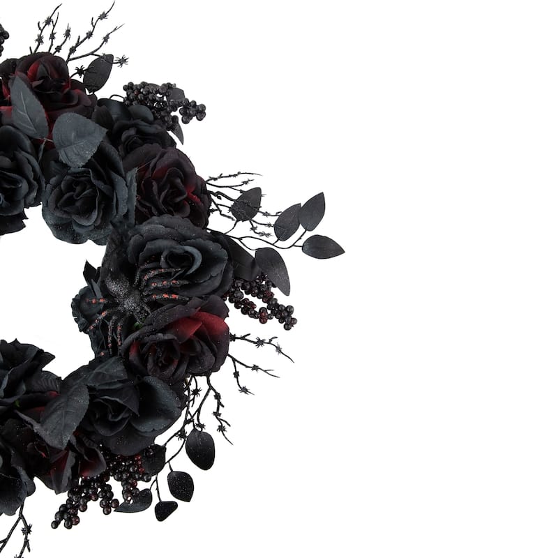 Burgundy and Black Roses with Spiders Halloween Wreath 24-Inch Unlit