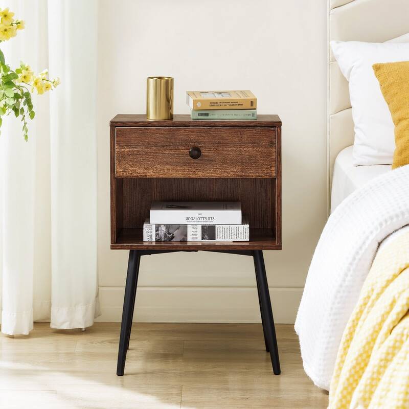 VECELO Nightstand Set of 2 Mid Century 1-Drawer Nightstand with Enclosed Open Shelf Multi-Color Options for Bedroom Living room