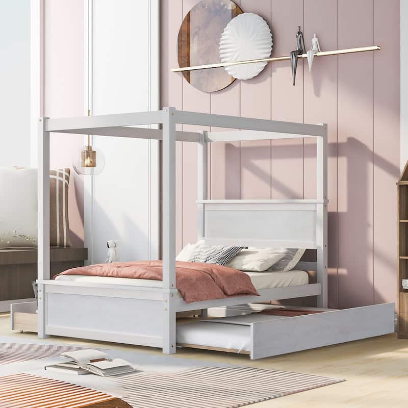 Canopy Platform Bed with Trundle and 2 Drawers, Support Slats - White