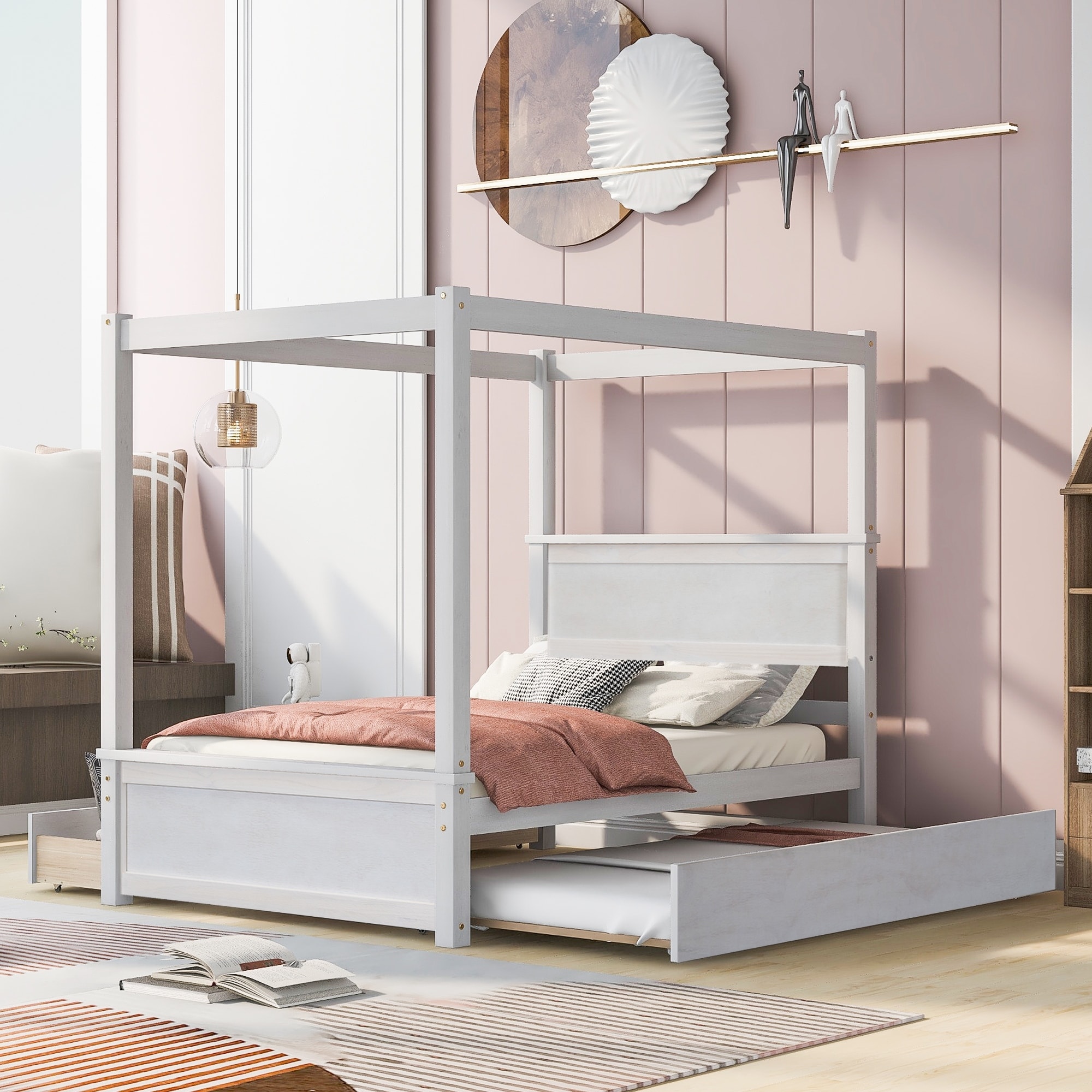 Canopy Platform Bed with Trundle and 2 Drawers, Support Slats