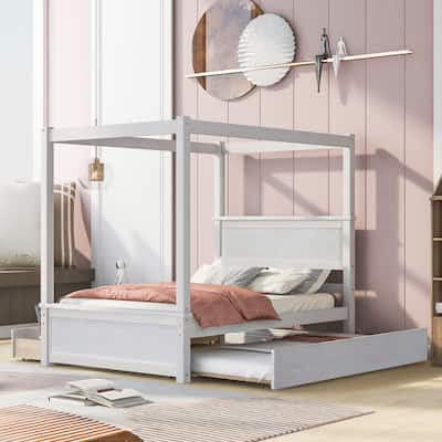 White Brushed Full Size Wood Canopy Platform Bed with Trundle and Two Drawers, MDF & Pinewood, Support Slats