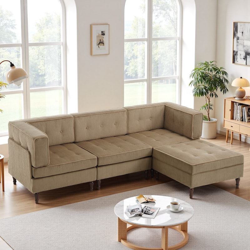 Oversized Sofa Corduroy Tufted Modular Sectional Set - Camel-4 peice - Reversible