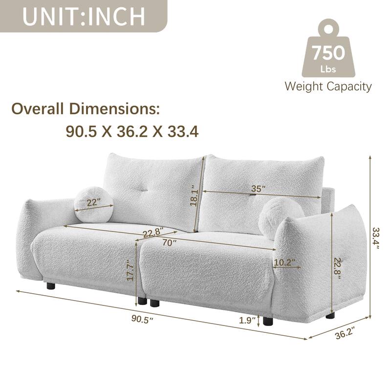 90.5-In Living Room Couch with Pillows,Sectional Sofa with Thick Armrest and Seat,2 Colors