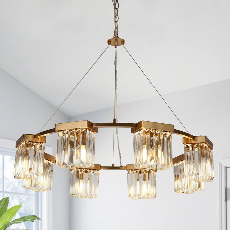 Diore Modern 8-Light Gold Crystal Chandelier Wheel Drum Lights for Dining Room Bedroom - D 31.5" x H 85.7"