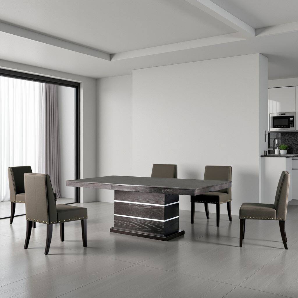 Keo Dining Table, 66-84 Inch Extendable Top, Chrome Accent Base, Brown