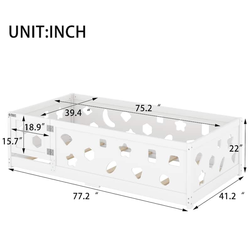 White Bed Frame Montessori Bed Twin Size Toddler Floor Bed with Guardrails and Door for Children Boys Girls Kids Playroom