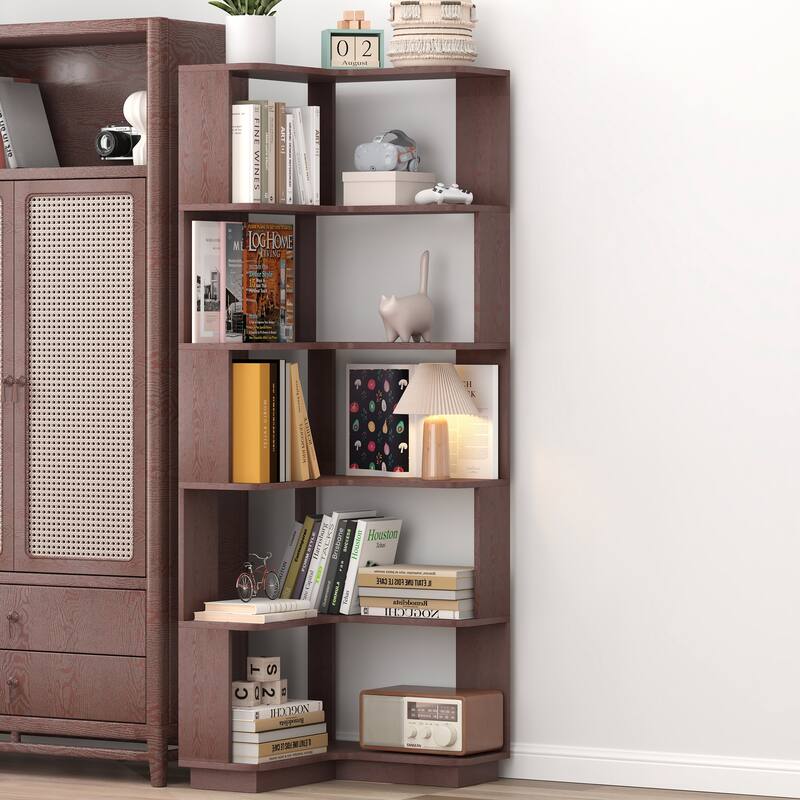 GDFStudio - Elysande Wood Corner Bookcase with 6-Tier Anti-Fall Design