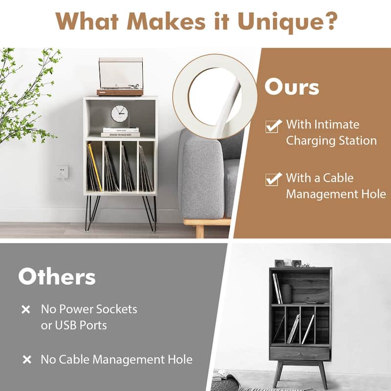 Costway 3-Tier Record Player Stand with Charging Station Shelf & 4 - 21'' x 18'' x 34''