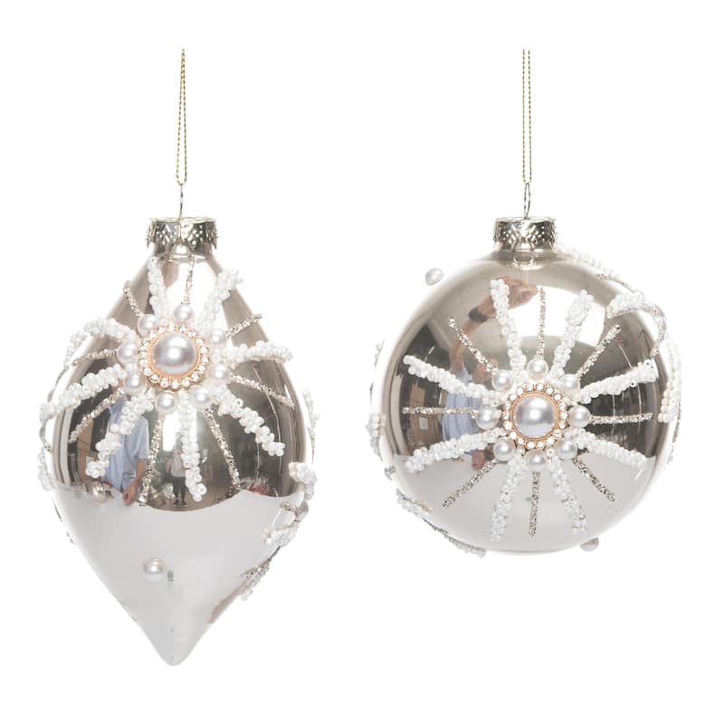 Transpac Glass Gold Ornament w/Pearl Starburst Set of 2 Christmas Home Decorations - Multicolor