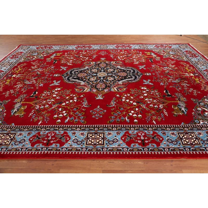 Animals Red Pictorial Kashan Turkish Area Rug Machine Made Carpet - 9'7" x 13'1"