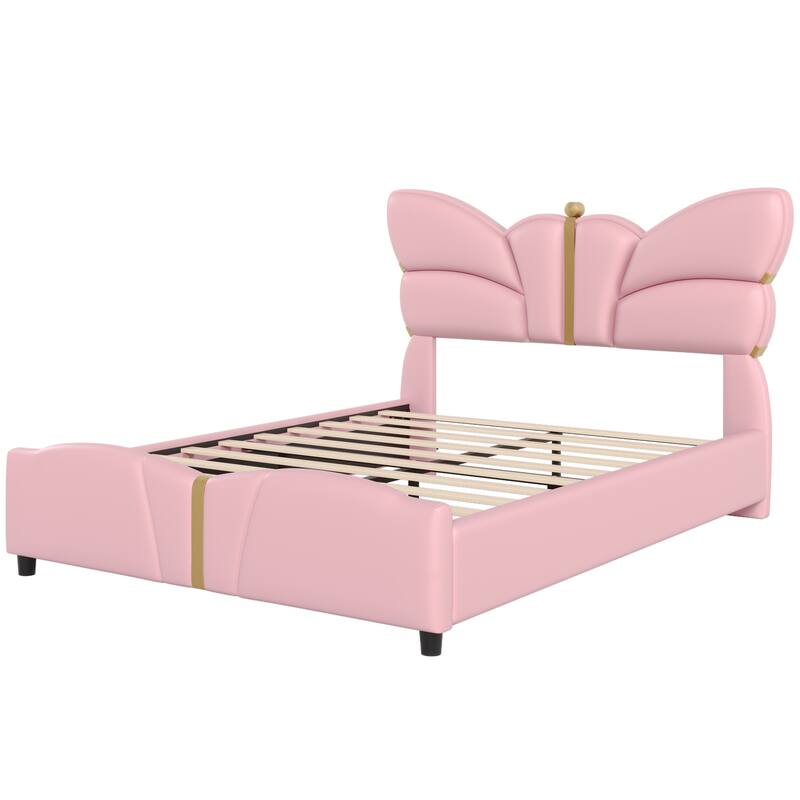 Full Size Upholstered PU Leather Bed Frame with Butterfly Headboard, Gold Metal Decorations, No Box Spring Needed, Light Pink