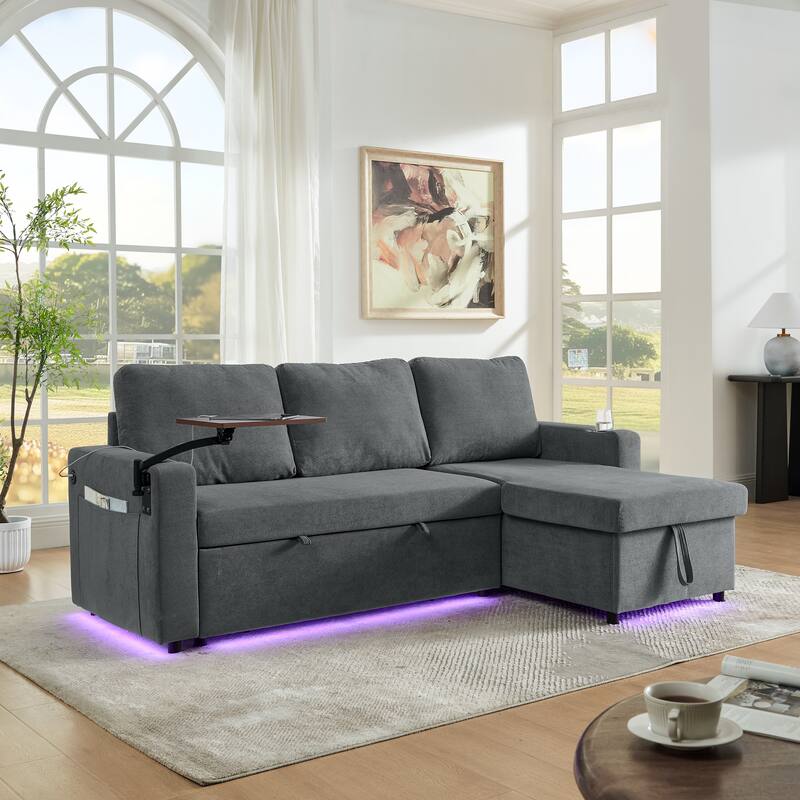 Roomfitters Modern Chenille Pull-Out Bed Sofa with Retractable Table, LED Lighting, USB Ports and Cup Holders