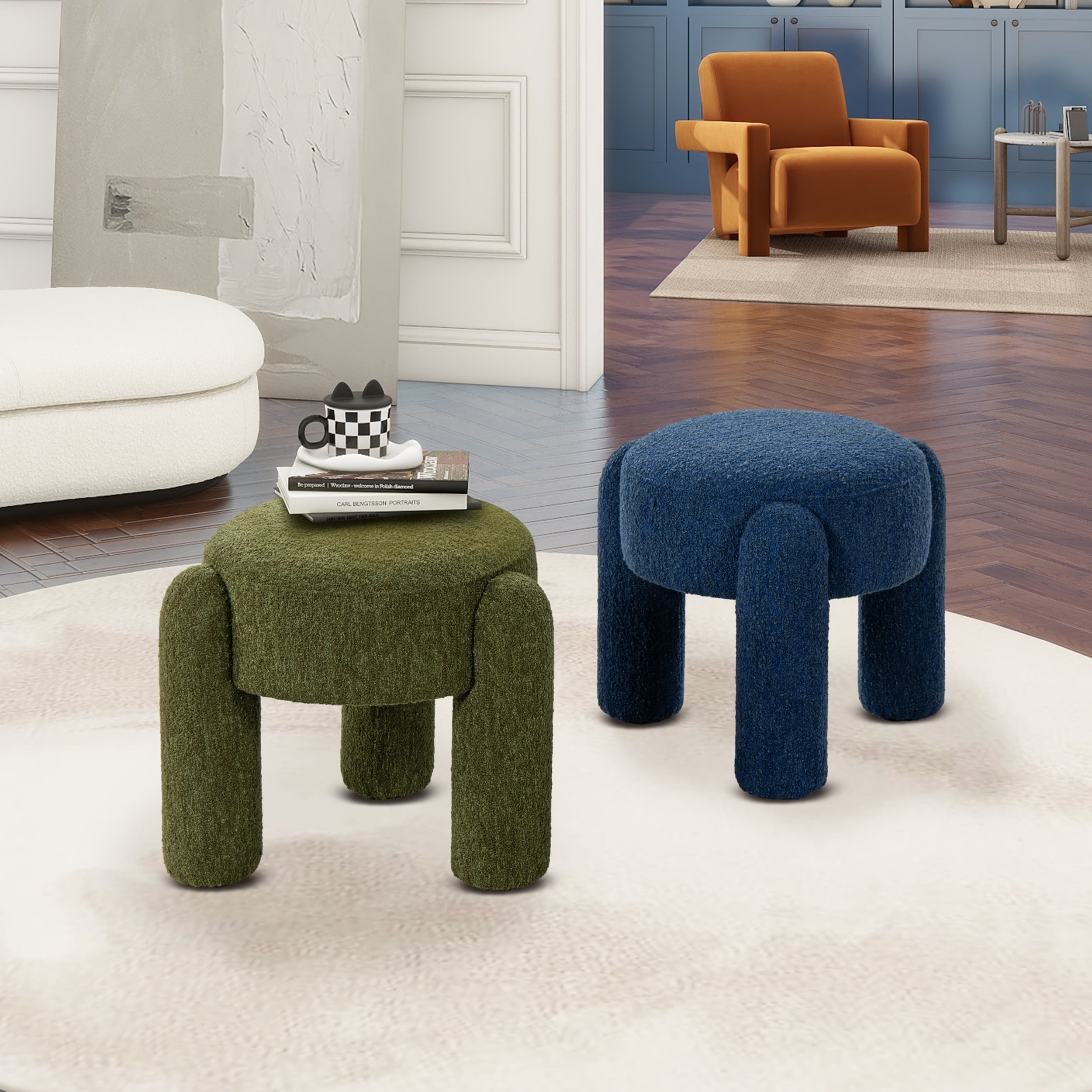 Hugo 20.5" Boucle Faux Sherpa Round Fully Upholstered Ottoman
