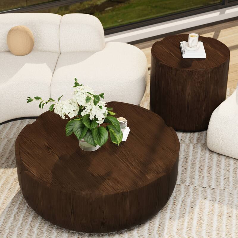 Round Outdoor/Indoor Coffee Table Set, Modern Wood Grain Drum Center Tables