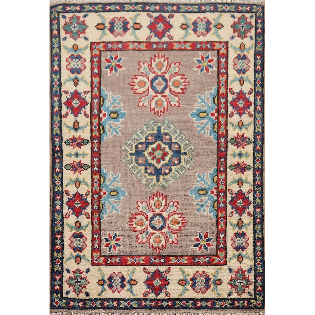 Hand Knotted Oriental 100% Wool Carpet Traditional Geometric Brown Kazak Area Rug - 2' 11'' X 2' 1''