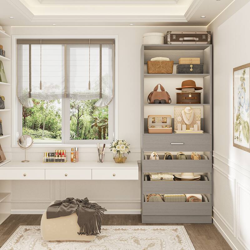 21.3" Storage Cabinet Bookshelf with Charging Station and 3 Wood Drawers, Freestanding Closet System with Storage Shelves