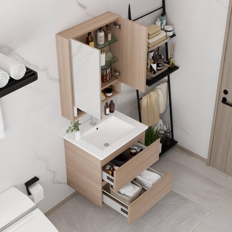 CB HOME 24''/30''/36''/48''/60'' Wall Mounted Bathroom Vanity with Sink, OAK Floating Bathroom Vanity Cabinet with Sink,Drawers.