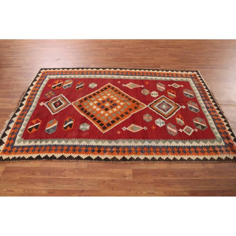 Kilim Qashqai Persian Vintage Rug Flatweave Red Wool Carpet - 4'8"x 7'1"