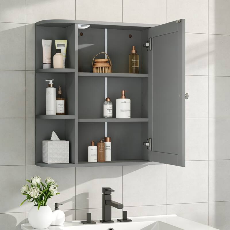 Bathroom Wall Storage Cabinet with Mirror, with Adjustable Wood Shelf & Doors, Mounted Storage Cabinets with 6 Open Shelves