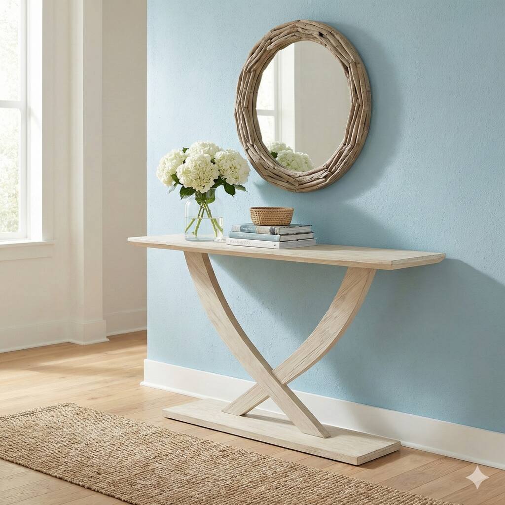 Rase 57 Inch Console Table, Cross Leg Design, Pedestal Base, Whitewash Wood