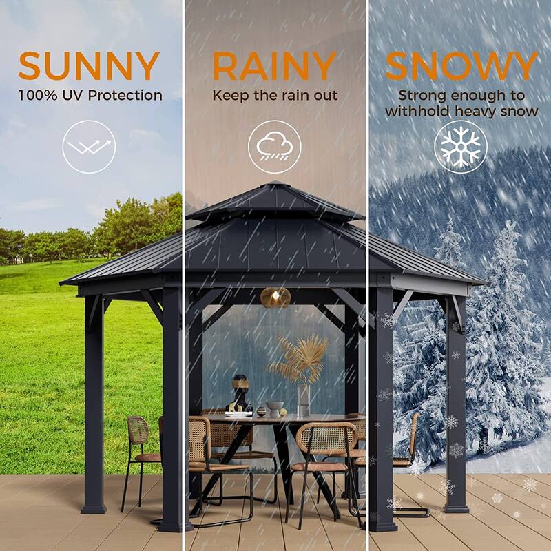 Outdoor Pro Series Galvanized Steel Hardtop Patio Gazebo Pergola w/Aluminum Frame, Prime Curtains and nettings include