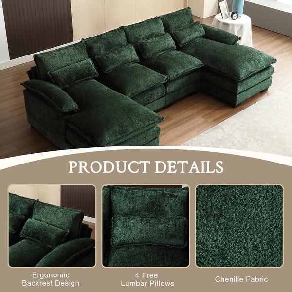 Chenille Upholstered U-Shaped Living Room Sectional Sofa With Wooden Legs