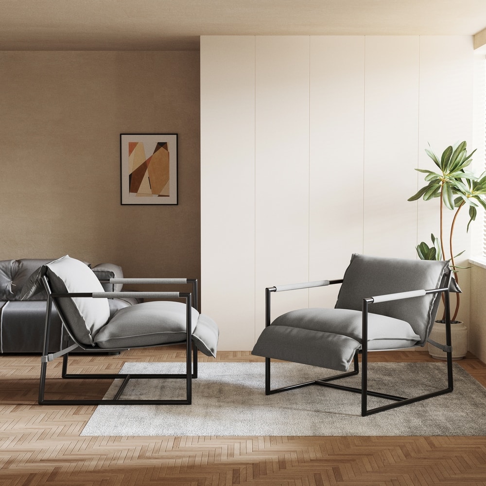 Mid-century Metal Sling Armchair with Lengthen Upholstered Set of 2