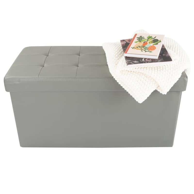 Large Foldable Storage Bench Ottoman- Tufted Faux Leather Cube Organizer Furniture by Lavish Home - 30 x 15 x 15
