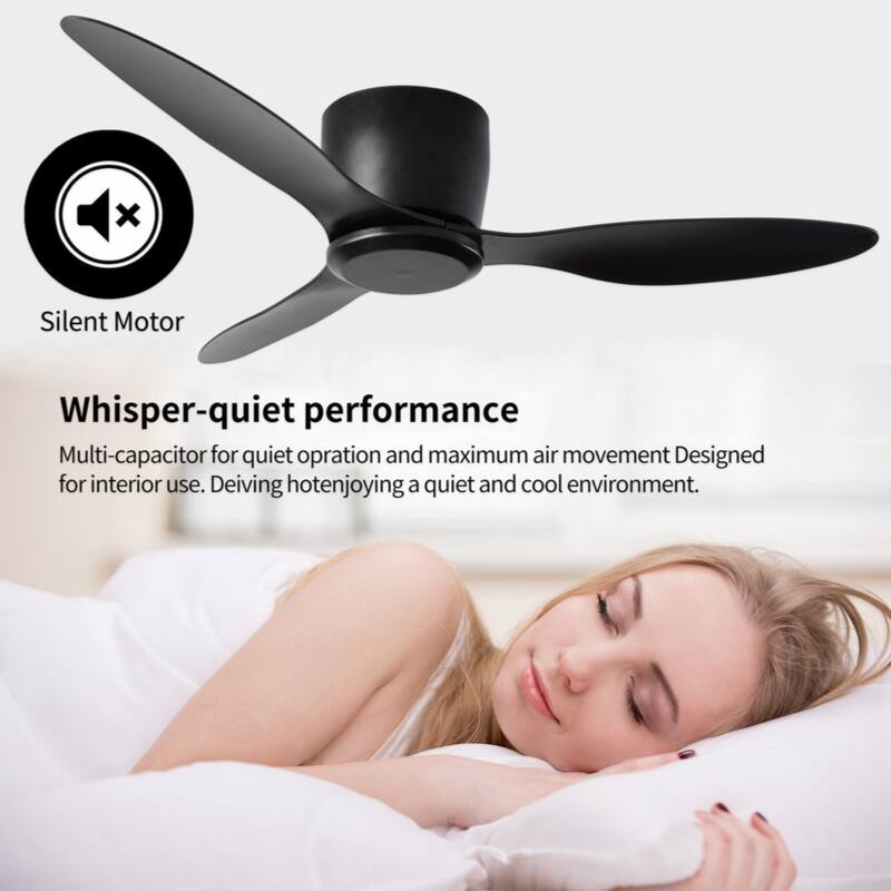 52" Flush Mount Ceiling Fan without light, 3 Reversible Blades, with 6 Speeds Reversible DC Motor