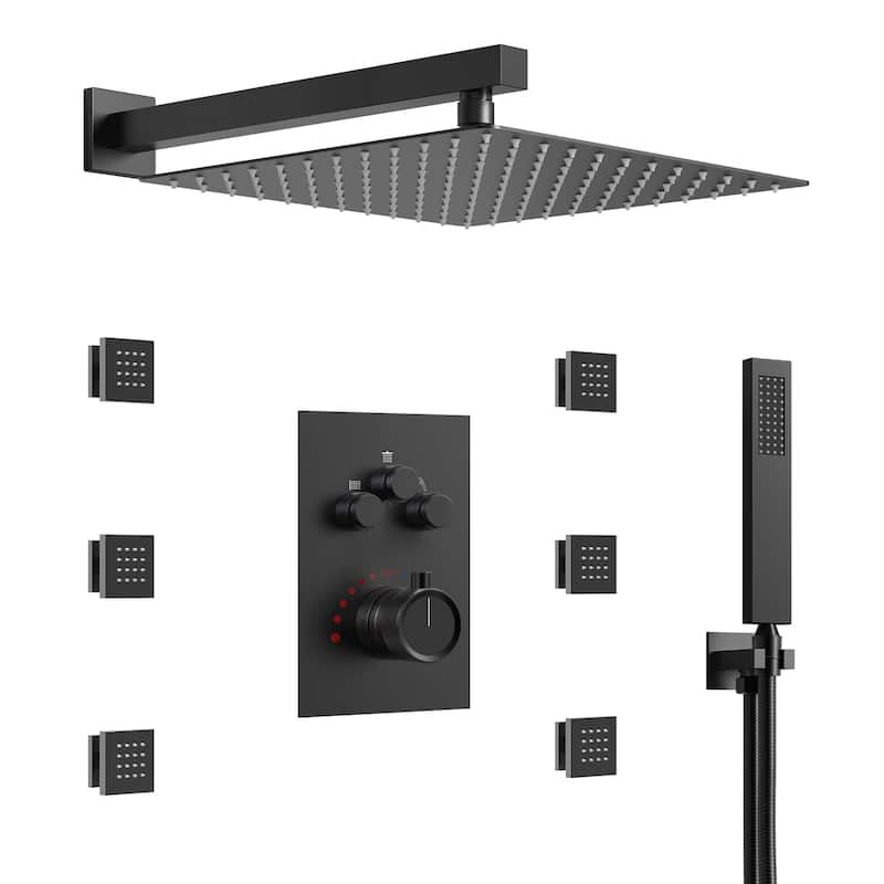 Thermostatic Shower System 12" Rain Shower Head with High Pressure Handheld Spray - Matte Black
