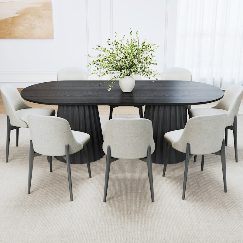 86" Modern Oval Dining Table Set with 8 Upholstered Chairs Textured Wood Top & Dual Pleated Pedestal Base - Black