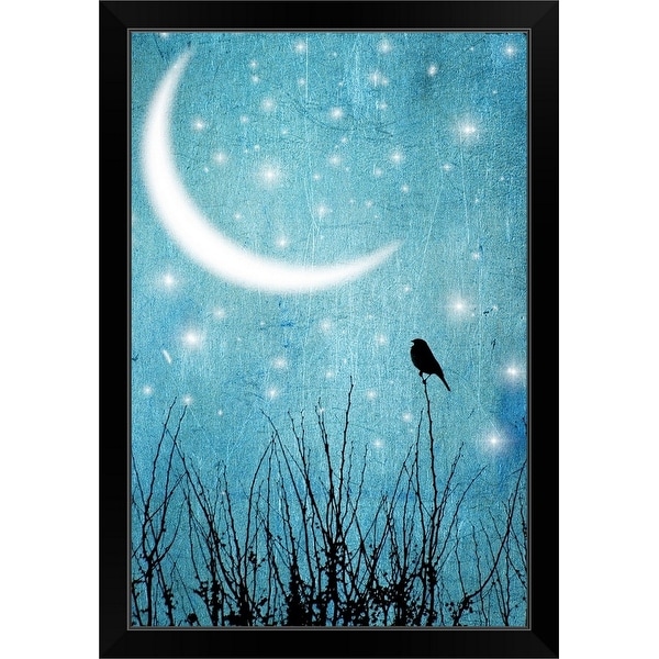 "Silhouette of one bird and branches against a blue starry night with a quarter moon." Black Framed Print