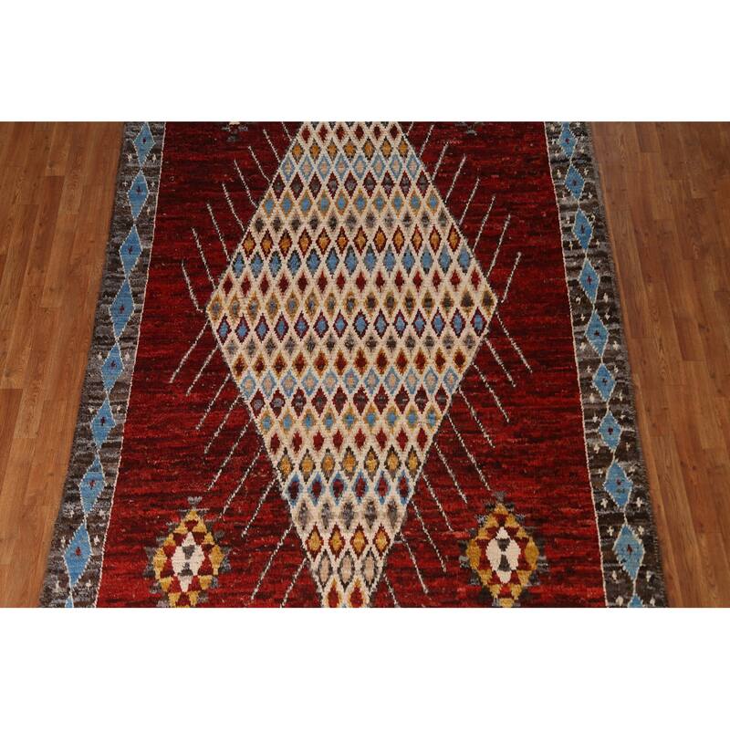 Hand Knotted Oriental 100% Wool Carpet Modern Tribal Red Moroccan Area Rug - 10' 3'' X 6' 7''