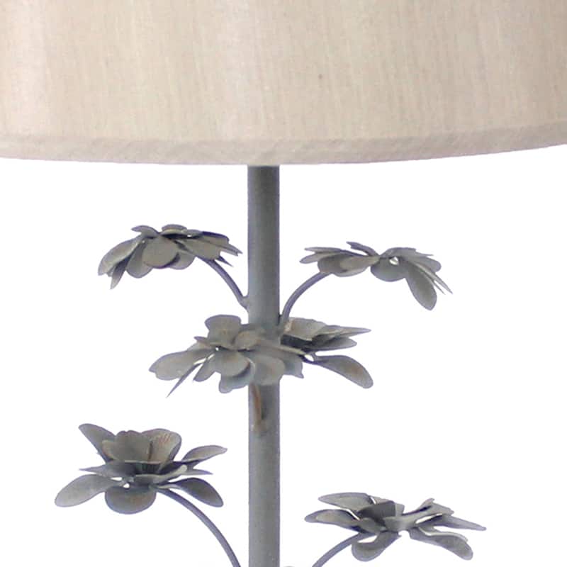 Flower Tree Design Metal Table Lamp Set of 2 with Tapered Drum Shade, Gray and Beige
