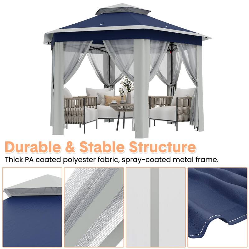 Pop Up Gazebo, Hexagonal Canopy Shelter with 6 Zippered Mesh Netting, Event Tent with Strong Steel Frame