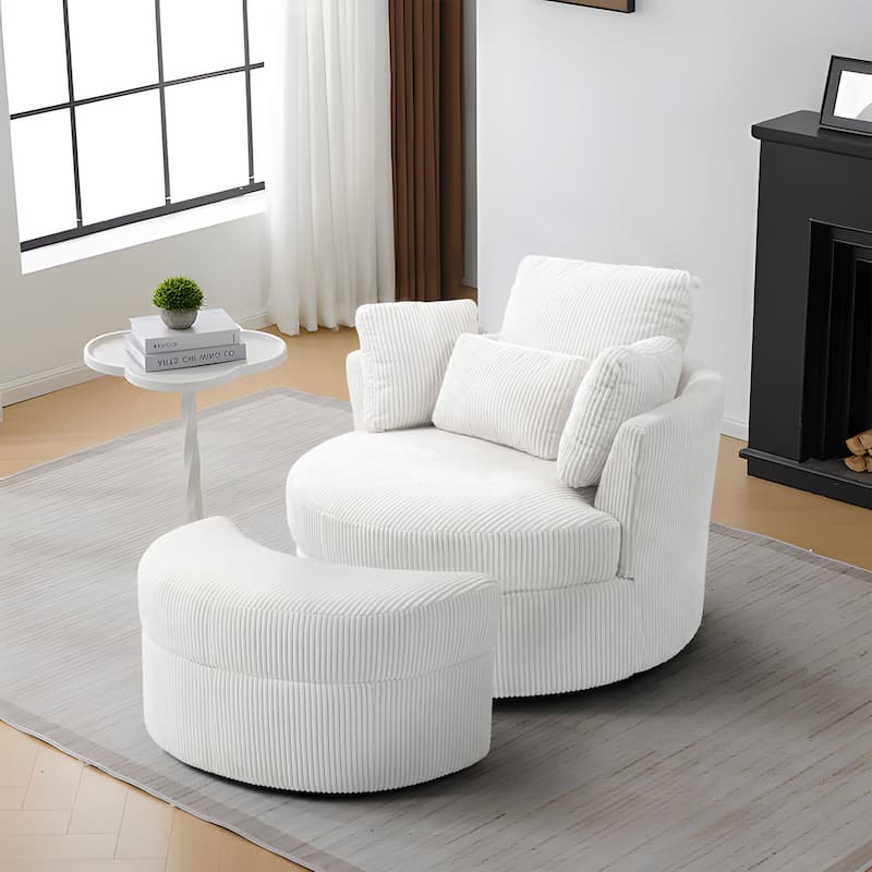 Upholstered Swivel Accent Chair with Wooden Tray Storage Ottoman