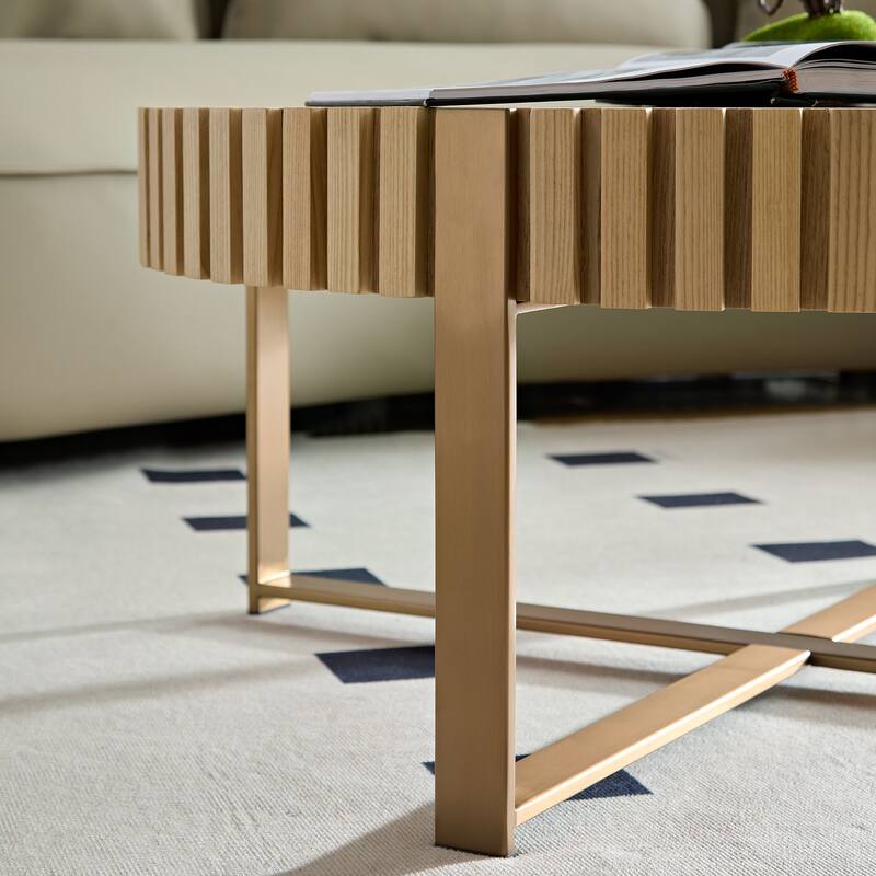 Modern Handcraft Drum Coffee Table 31.5 inch Round Coffee Table for Living Room, Small Coffee Table with Sturdy Pedestal