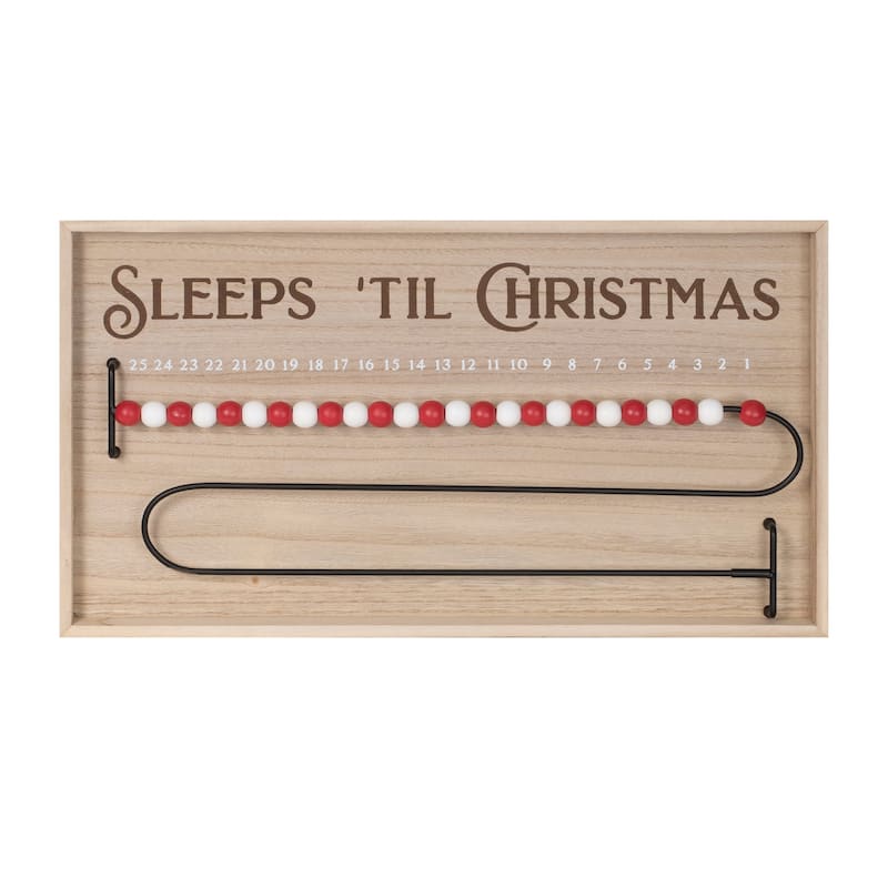 Wooden Sleeps Til Christmas Countdown Beaded Wire in Beige Red Holiday Wall Hanging Decoration - 20”L x 1”W x 11”H