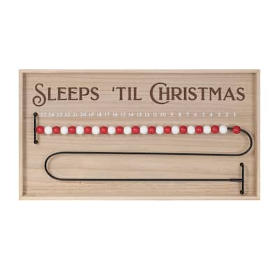 Wooden Sleeps Til Christmas Countdown Beaded Wire in Beige Red Holiday Wall Hanging Decoration - 20”L x 1”W x 11”H