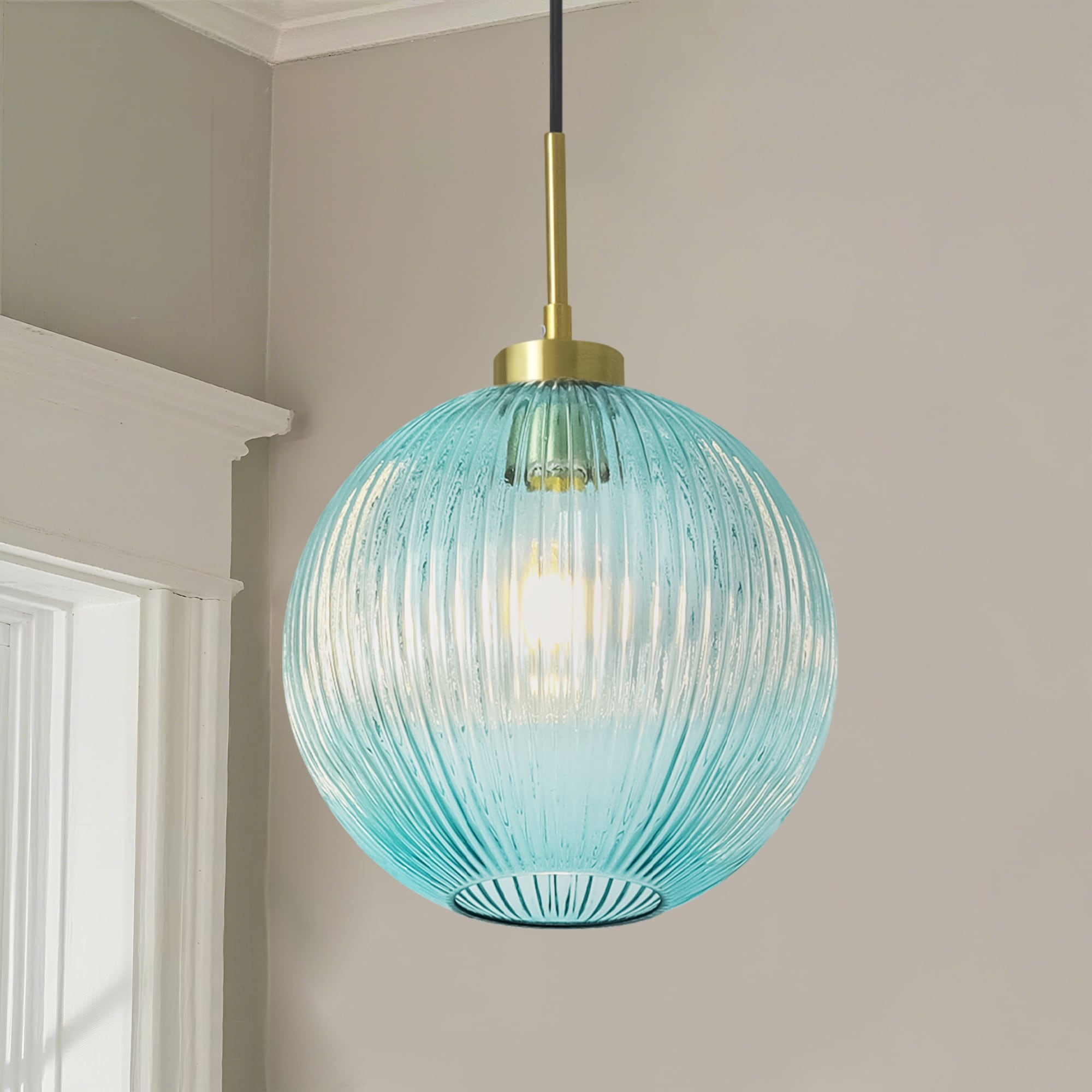 1-Light 9.8" W Mid-century Modern Metal Hanging Pendant Light with Blue Ribbed Glass Globe Shade for Kitchen Island, Dining Room